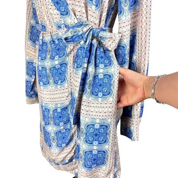 Ciebon Rachelle Blue Multi Print V-neck Long Sleeve Mini Wrap Dress - Picture 8 of 16